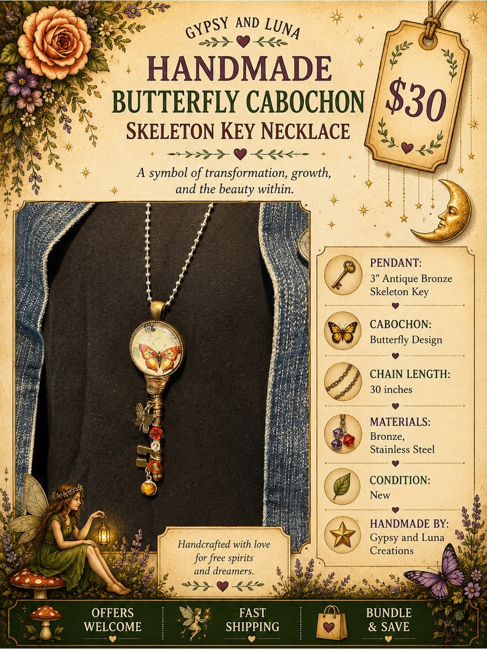 Handmade Bronze Butterfly Cabochon Skeleton Key Necklace Unique Jewelry
